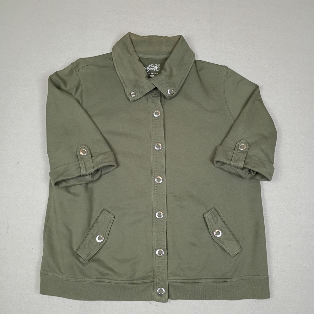 Style & Co Sport Woman Olive Green‎ Cotton Snap Front 3/4 Sleeve Jacket 1X